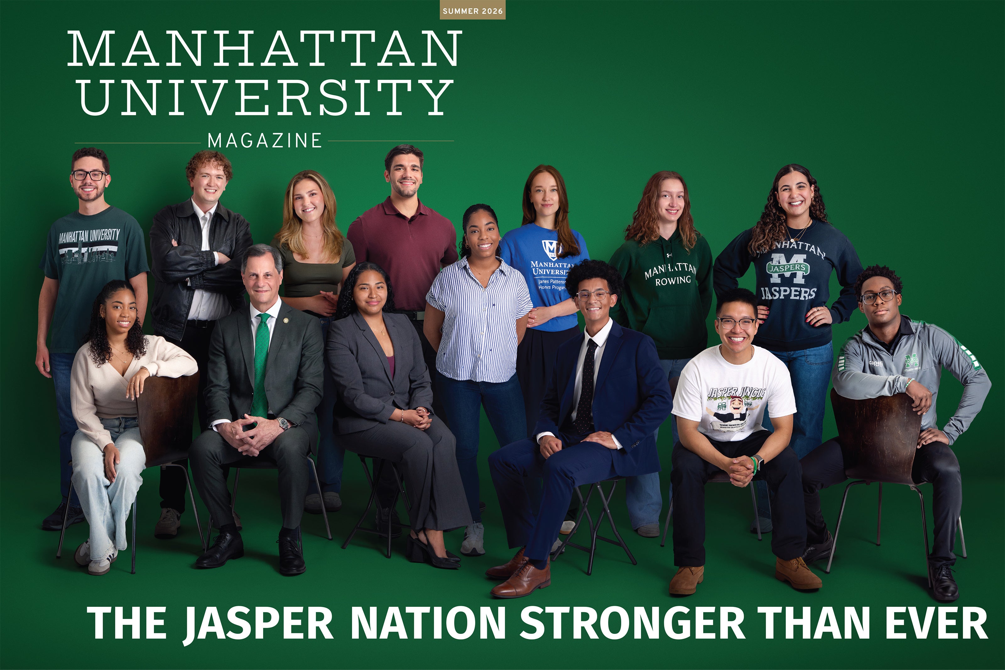 Cover of the Manhattan University Summer 2026 Magazine profiling Seventeen students and recent graduates show what it means to be a Jasper today.