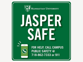 Jasper Safe graphic that has information to call campus safety at 718-862-7333 or 911
