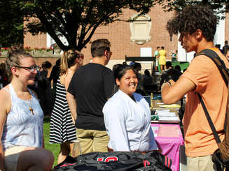 students talking on the grassy quadrangle on a sunny day