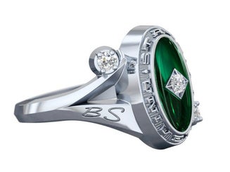 a silver and green class ring