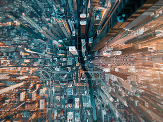New York City skyline looking down down on all the buildings from the sky