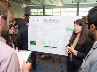 Business analytics student presents a data-driven poster to judges and attendees during the Manhattan University competition poster session.