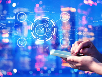 Illustration showing charts and data with someone on a cellphone