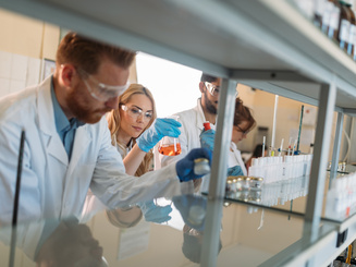 Manhattan University students of chemistry working in laboratory