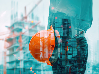 Double exposure image of construction worker holding safety helmet and construction drawing against the background of surreal construction site in the city.