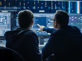 Two Professional IT Programers Discussing Blockchain Data Network Architecture Design and Development Shown on Desktop Computer Display. Working Data Center Technical Department with Server Racks
