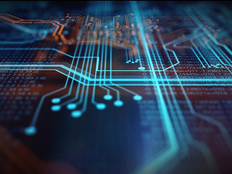Orange, blue technology background. Orange and blue technology background circuit board and code