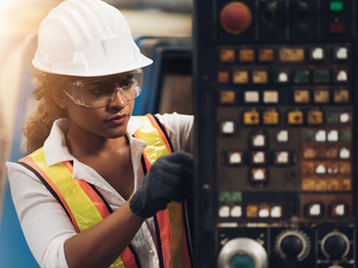 Professional engineering, worker, woman Quality control, maintenance, check in factory, warehouse Workshop for factory operators, engineering team Space and background for text