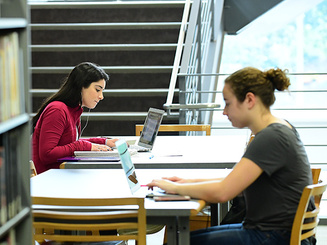 two students work at laptops on tables in the library