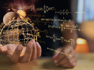 illustration of person holding a digital globe with equations around it