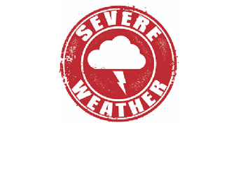 a red "Severe Weather" badge with lightning coming from a cloud