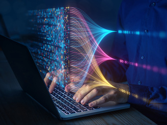 Data scientist computing, analyzing and visualizing complex data set on computer. 