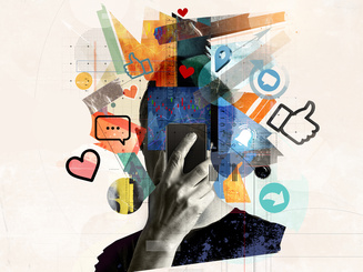 Social media addiction and digital overload, dopamine loop. Art collage of smartphone, icons, UI design elements.