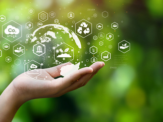 ESG icon concept. Environment, society and governance. Energy of natural gas sustainable and ethical business on network connection on green background