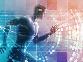 illustration showing a person running with gradients and graphics behind them