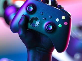 #D rendering of a hand Holding Wireless Joystick With Gaming Gamepad Controller, VR Goggles, Headphones, Video Game Console On Background.