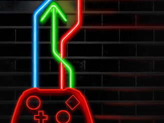 A neon sign on a brick wall shows a video game controller with neon arrows coming out of the top in this 3-d illustration about gaming.