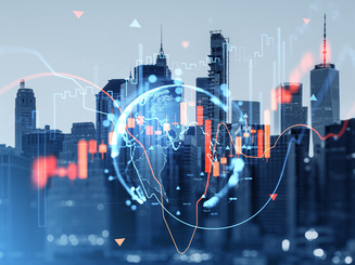 Digital stock market concept with global financial data chart overlays and Earth hologram above Manhattan skyline in New York, USA at sunrise.