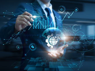 Businessman hand hold global Digital Transformation network and data, enterprise innovation, smart technology adoption, modern business processes, digital strategy