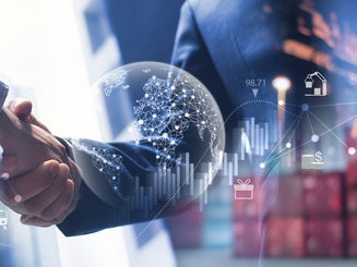 Businessman making handshake for successful business, investment deal teamwork and partnership business partners on logistic global network and supply chain