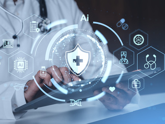 Doctor using tablet with digital healthcare hologram interface, representing modern medical technology