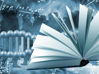 Science book opened with DNA strands and crowd of people in the background 
