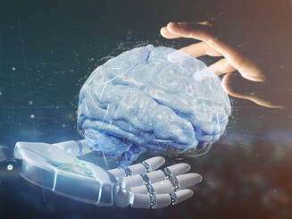 Artifical hand holding a artificial brain 3d rendering with a human hand