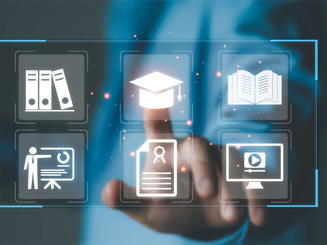 E- learning platform, education digital courses, academic certification, remote training, knowledge management, and modern distance learning technology. Person with online education interface icons.