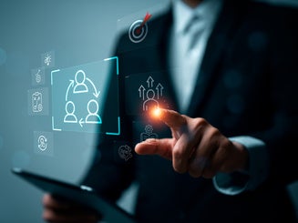 Business professional implementing change management strategy through digital interface, organizational transformation planning, workforce transition and leadership adaptation concept