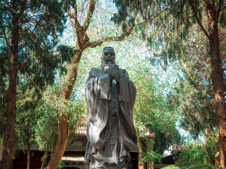 Confucius Statue and Cypress Corridor at Wuwei Confucian Temple, Ancient Cultural Scenery of Hexi Confucian Shrine