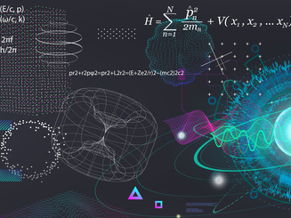 Science elements set concept Quantum Mechanics, formula, curvature of spacetime in a gravitational field, black hole, elements from theoretical physics. Futuristic Quantum Mechanics. 