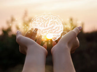 person with hands outstretched with an rendering of a brain in their hands