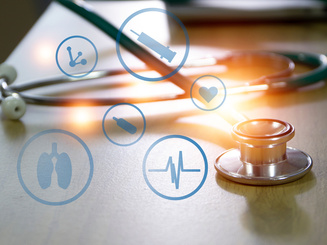 public health service image with a stethoscope with images of medical icons in front