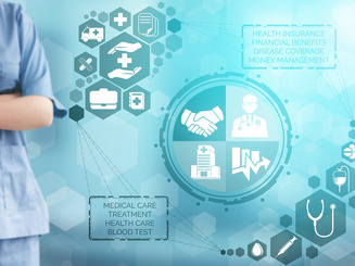 Health Insurance Concept - Doctor in hospital with health insurance related icon graphic interface showing healthcare people, money planning, risk management, medical treatment and coverage benefit
