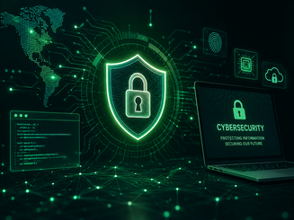 Digital illustration of a glowing cybersecurity shield and padlock surrounded by network connections, security icons, code and a laptop.