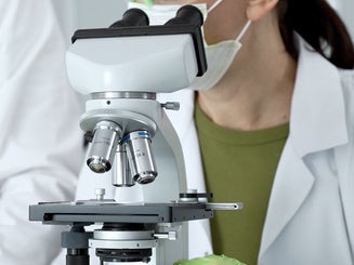 Expert medical researcher examining samples with a scientific microscope, collaborating on pharmaceutical development and biological discovery in a modern laboratory setting