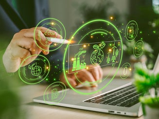 Business hand using stylus on laptop with green holographic CO2 dashboard, climate data, renewable energy icons, carbon reduction, sustainability technology and eco innovation concept.