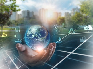 Hand cradling digital globe. global sustainability goals, green technology, corporate environmental responsibility cleaner planet. 