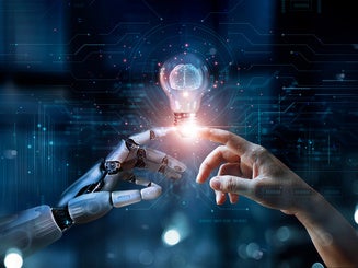 Hands of robot and human touch on big data network, Brain data creative in light bulb, Science and artificial intelligence technology, innovation for futuristic.
