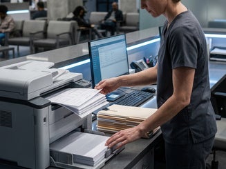 Medical Professional Engaged In Administrative Tasks At A Modern Clinic Reception Area