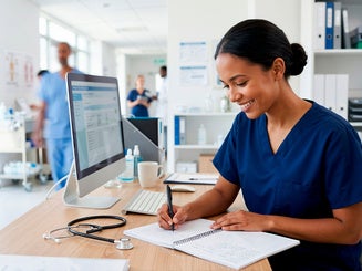 Smiling female medical assistant writing in notebook at desk. Professional nurse in scrubs working in busy hospital clinic with stethoscope and computer. 