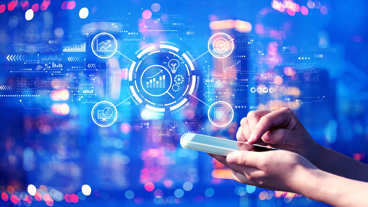Illustration showing charts and data with someone on a cellphone