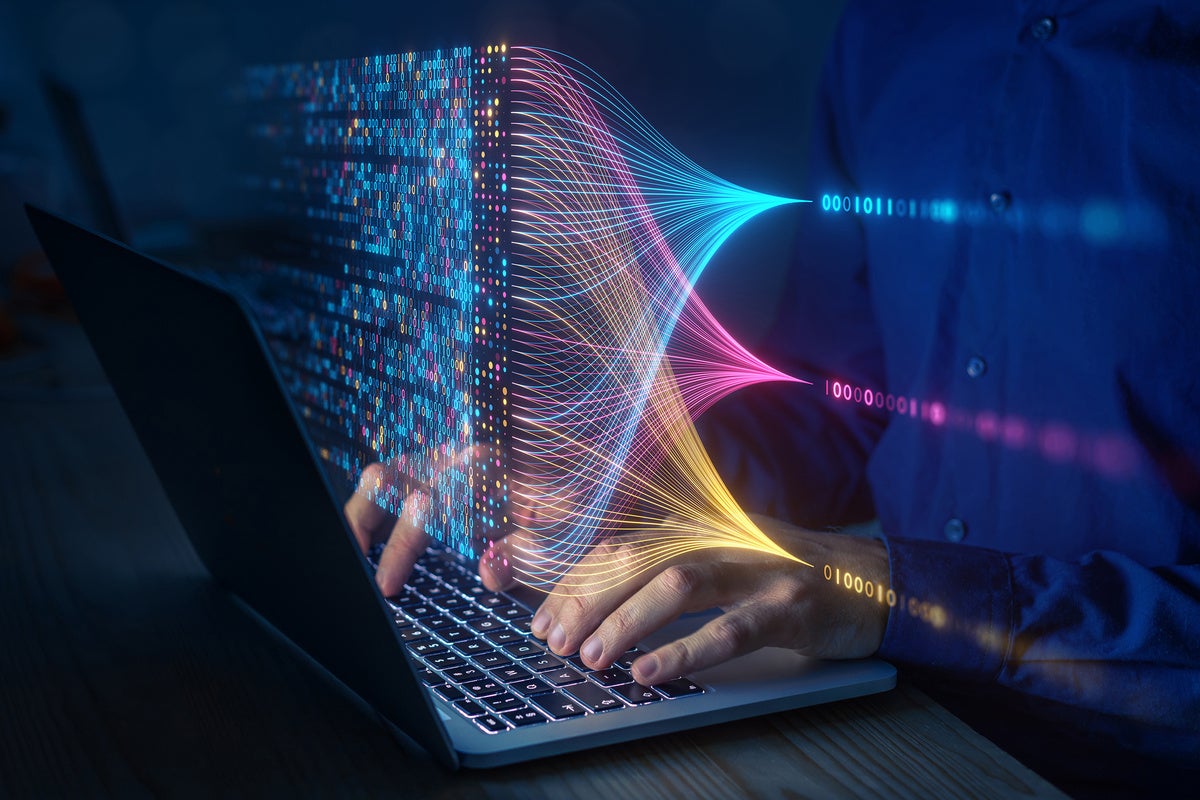 Data scientist computing, analyzing and visualizing complex data set on computer. 