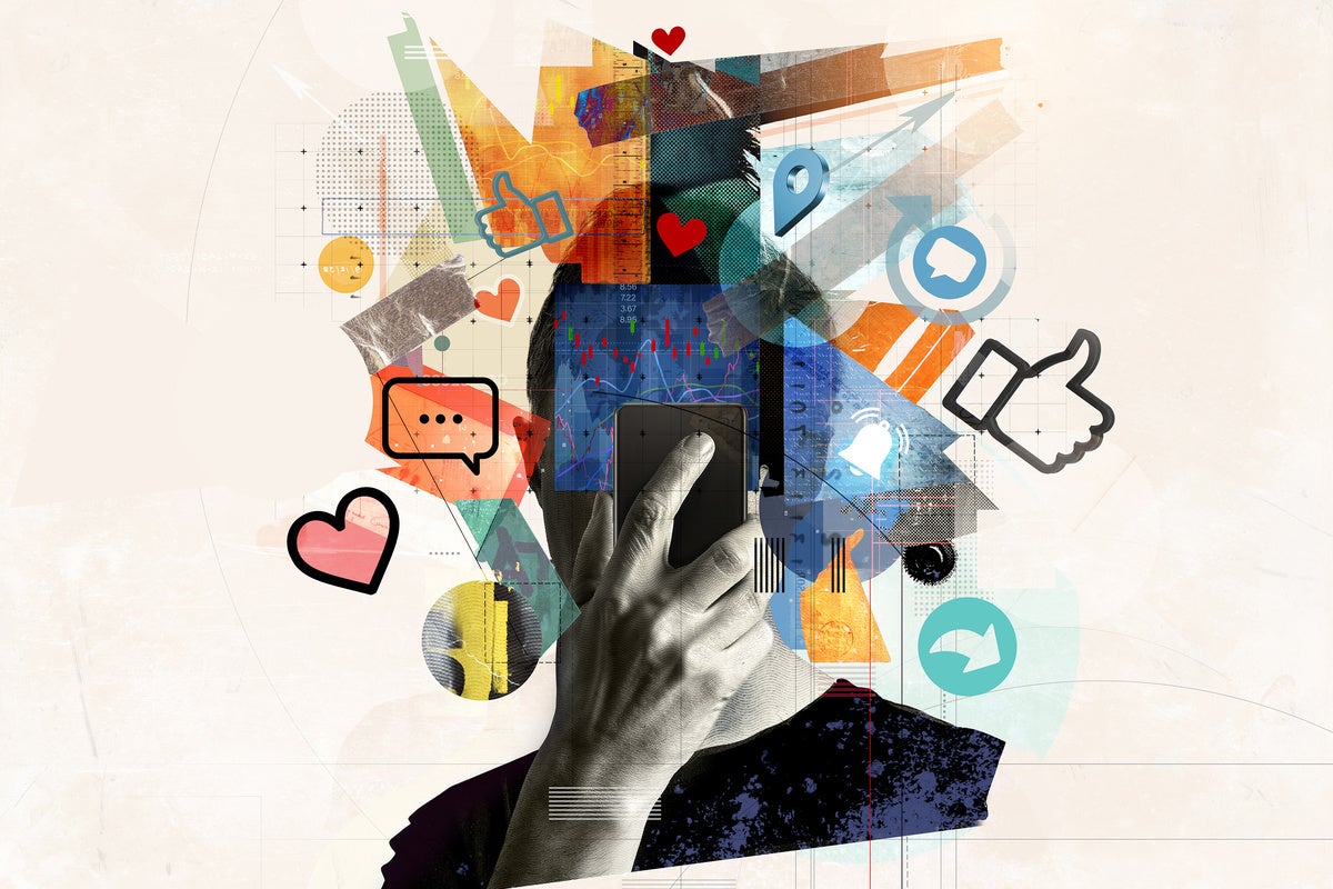 Social media addiction and digital overload, dopamine loop. Art collage of smartphone, icons, UI design elements.