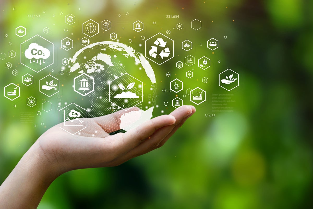 ESG icon concept. Environment, society and governance. Energy of natural gas sustainable and ethical business on network connection on green background