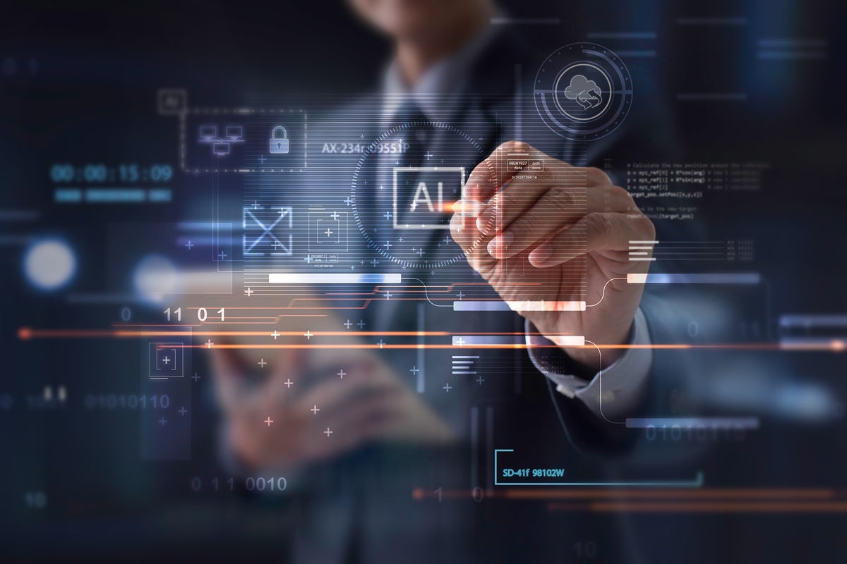 AI Artificial Intelligence, Data Science, Information technology concept. Businessman touching on AI machine learning on virtual screen with big data, computer code