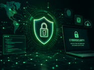 Digital illustration of a glowing cybersecurity shield and padlock surrounded by network connections, security icons, code and a laptop.