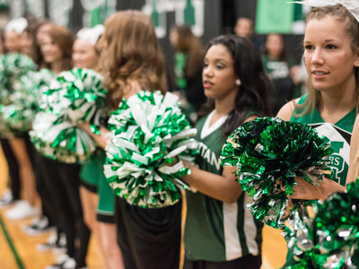 cheerleaders stand in a line holding pom poms