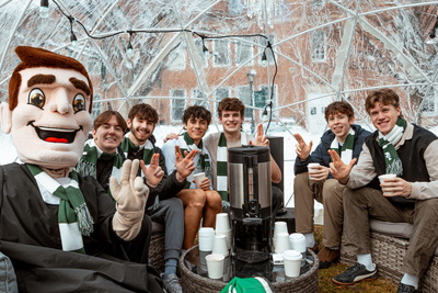 Students and Jasper Mascot in igloo during Wellness Day