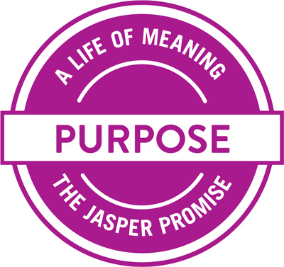 a purple badge that reads, Purpose, A life of meaning, The Jasper Promise